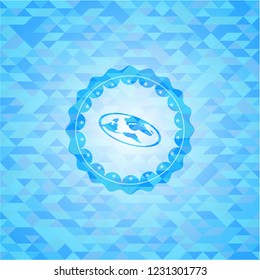 flat earth icon inside sky blue emblem with mosaic background