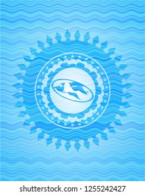 flat earth icon inside sky blue water wave emblem background.