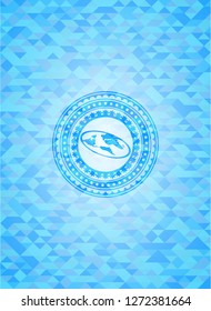 flat earth icon inside sky blue emblem with mosaic ecological style background