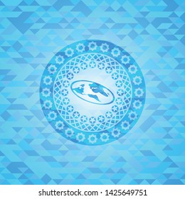 flat earth icon inside sky blue emblem. Mosaic background