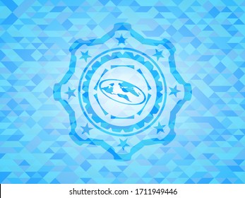 icono de tierra plana dentro del emblema azul cielo con fondo de mosaico. 