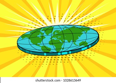 Flat earth with nature landscape. Globe in form of disk. Cosmology and pseudoscience, old science and flat-earthers, conspiracy theme. Vector bright background in pop art retro comic style