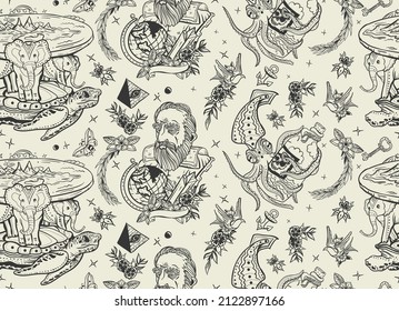 Tierra plana, kraken de pulpo y Galileo. Patrón sin foco. Arte tradicional de tatuaje: tortuga y tres elefantes