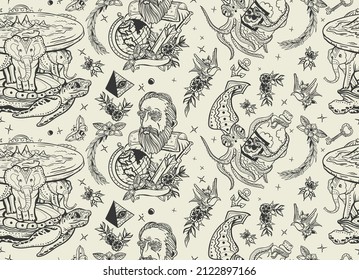 Flat Earth, Octopus Kraken And Galileo. Seamless Pattern. Traditional Tattooing Art. Turtle And Three Elephants