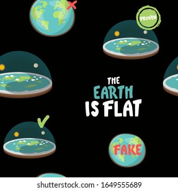 Flat Earth on black background. seamless pattern. Old Vision of Planet. Earth like dish. plate with sun, moon. vector , hand drawing. for Wallpaper, Textile, Fabric, Paper.