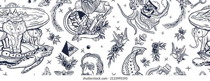 Flat Earth seamless pattern. Octopus kraken and Galileo scientist. Traditional tattooing art. Turtle and three elephants