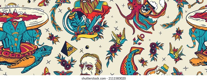 Flat Earth Seamless Pattern. Traditional Tattooing Art. Turtle And Three Elephants. Octopus Kraken And Galileo Scientist 