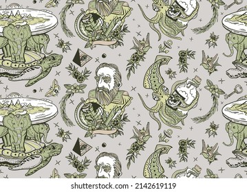 Patrón sin fisuras de la Tierra plana. Arte tradicional de tatuaje: tortuga y tres elefantes. Octopus kraken y el científico Galileo
