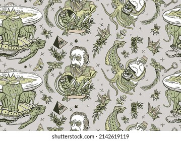 Flat Earth Seamless Pattern. Traditional Tattooing Art. Turtle And Three Elephants. Octopus Kraken And Galileo Scientist