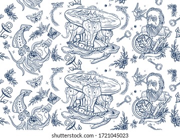 Flat Earth seamless pattern. Turtle and three elephants. Octopus kraken and Galileo scientist. Traditional tattooing art