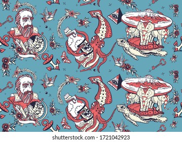 Flat Earth theory. Octopus kraken and Galileo scientist. Seamless pattern. Turtle and three elephants 