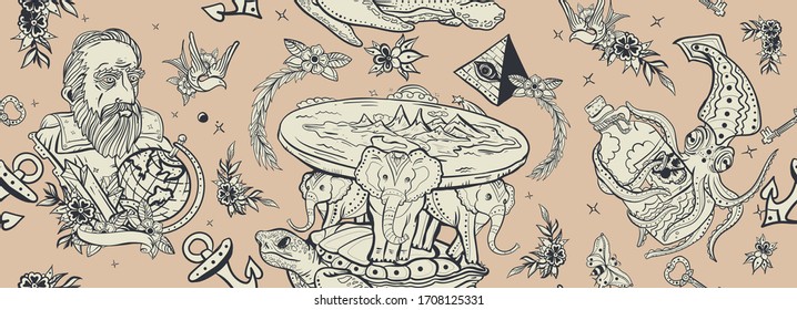 Teoría de la Tierra Plana, patrón transparente. Estilo de tatuaje de la vieja escuela. Tortuga y tres elefantes. Científico del pulpo kraken y Galileo. Estilo tradicional de tatuaje