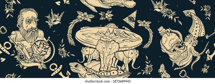 Flat Earth Theory. Traditional Old School Tattoo Background. Vintage Seamless Pattern. Education Funny Art. Turtle And Three Elephants. Octopus Kraken And Galileo Scientist 