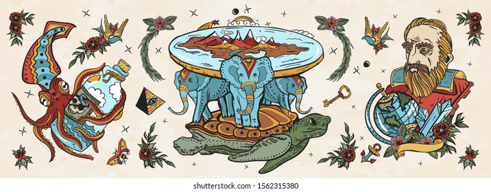 Flat Earth theory. Turtle and three elephants. Octopus kraken and Galileo scientist. Old school tattoo vector collection. Traditional tattooing style 