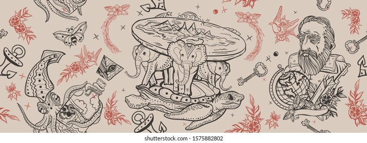 Flat Earth theory. Vintage art. Seamless pattern. Turtle and three elephants. Octopus kraken and Galileo scientist. Traditional old school tattoo style 