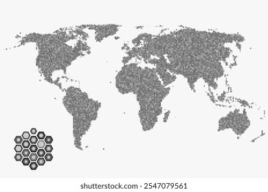 Flat earth world map with hexagonal dots. Round pixel pattern. Modern digital globe. Bright dots on white background. Worldmap template for website, infographics, design.