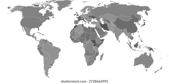 Flat earth world map with outline borders. Modern digital globe. Grey land on white background. Political map. Worldmap template for website, infographics, design.