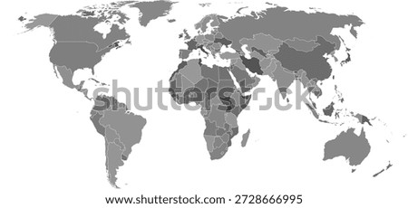 Flat earth world map with outline borders. Modern digital globe. Grey land on white background. Political map. Worldmap template for website, infographics, design.