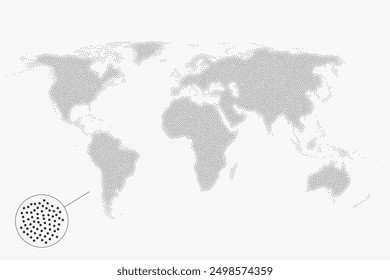 Flat earth world map with round dots. Round pixel pattern. Modern digital globe. Black dots on white background. Worldmap template for website, infographics, design.