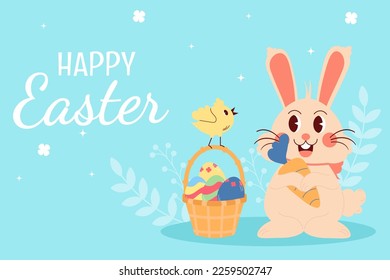 Flat easter background. Rabbit, eggs, chicken