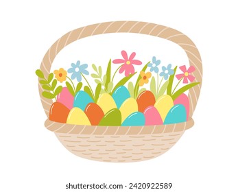 Flat Easter basket with eggs and flowers vector illustration. Cute wicker basket with pastel eggs and spring flowers