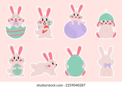 Flat easter characters bunny collection stickers. Rabbit with egg and carrot 