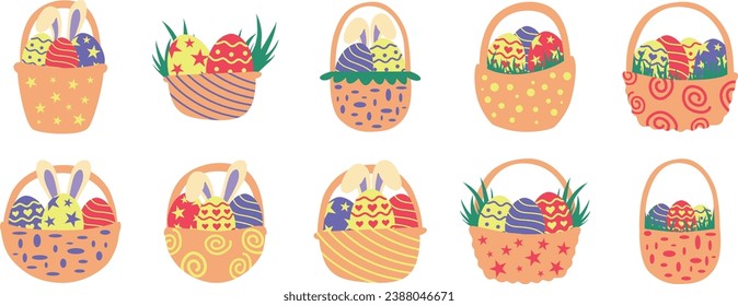 Flat easter eggs baskets with pattern and spring flowers. Wicker basket full of easter egg. Vector illustration of easter basket for holiday