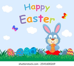 Flat Easter holiday modern style design vector celebration decoration postcard background template. Decorative elements objects painted eggs and bunny rabbit.