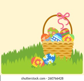 Flat Easter holiday modern style design vector celebration decoration postcard empty background template. Decorative elements objects painted eggs in the basket.