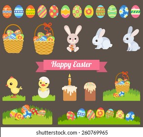 Flat Easter holiday modern style design vector icon set celebration decoration template. Decorative elements objects painted eggs bunny rabbit chicken bread paska.