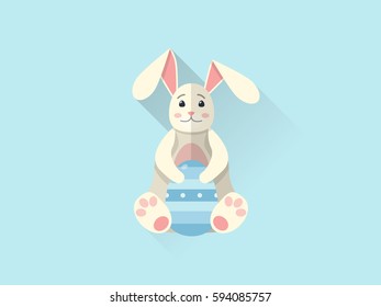 Flat Easter holiday modern style design vector celebration decoration postcard empty background template. Decorative elements objects painted eggs and bunny rabbit.