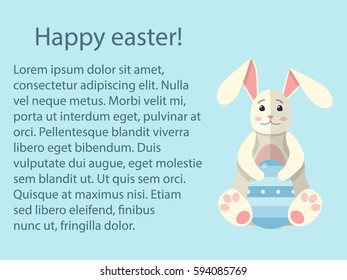 Flat Easter holiday modern style design vector celebration decoration postcard template. Decorative elements objects painted eggs and bunny rabbit.