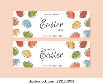 Flat Easter horizontal banner template. Decorated Easter eggs in pastel colors. Modern minimal style. Trendy poster, header for website or cover for social media. Vector illustration.