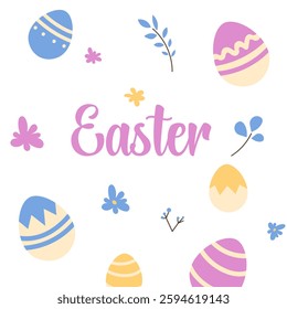 Flat easter icons set with colorful eggs and flowers in vector style.