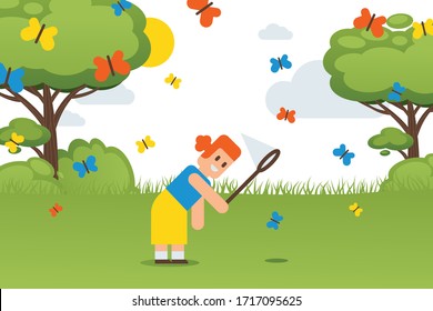 niños de Pascua plana, tiempo libre para ilustraciones vectoriales festividades. personaje de chica camina con red de mariposa en el parque, en el prado coge coloridas mariposas. pasatiempo en el exterior, niño explorando la naturaleza.