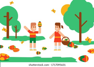 Flat easter kids search festive colorful eggs in meadow, vector illustration. Boy and girl with basket have fun outside, traditional game for holidays. Eggs with prints laid out on grass, under trees.