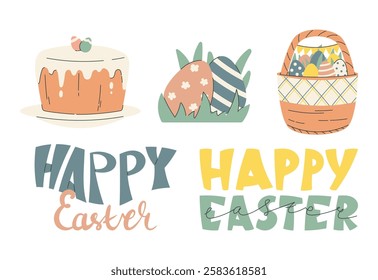 Flat Easter vector illustration set with festive isolated elements. Cute pastel clipart featuring Easter cake, decorated eggs in grass, a basket with eggs, and lettering in modern hand-drawn style.