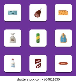 Flat Eating Set Of Sack, Bottle, Kielbasa And Other Vector Objects. Also Includes Sack, Drink, Fizzy Elements.