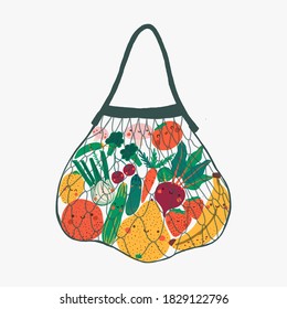 Bolsa ecológica plana con verduras y fruta. Verduras al estilo de las caricaturas con cara sonriente. Estilo de vida ecológico y verde. El concepto de basura cero. Ilustración del vector