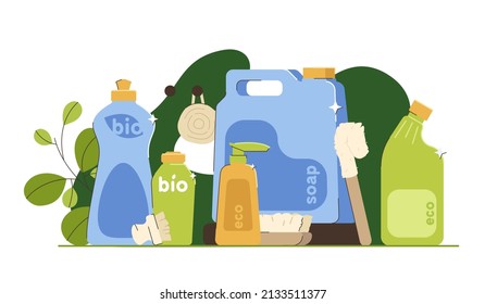 Flat eco friendly products for laundry washing and house cleaning. Natural organic household product, home cleaner detergents with plant based ingredients. Bottles and brushes for housekeeping service