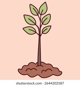 Ilustración eco plana de árbol joven con hojas verdes plantadas en el suelo, símbolo del cuidado de la naturaleza, el crecimiento y la sostenibilidad
