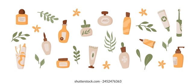 Flat eco makeup product pack collection, colorful organic beauty oil tubes with green leaves, cartoon natural skin care shampoo bottles and trendy moisturizing bodycare lotion jar composition.