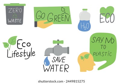 Conjunto de pegatinas ecológicas planas. Guardar Letras manuscritas, cero residuos, Eco, concepto verde.