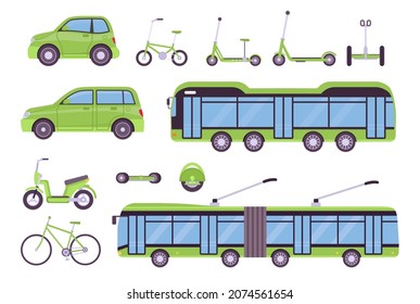 Flat eco transport electric bus, cars, scooter, bicycles and board. Urban smart ecological vehicles. Environment friendly ride vector set. Alternative energy technologies for transportation