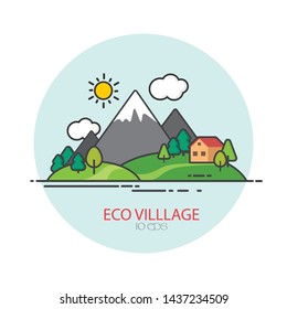 Flat eco village icons animation.Cartoon eco village animation.