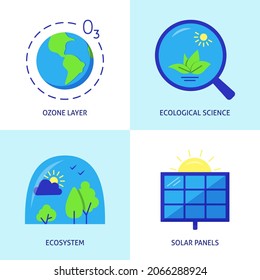 Flache Ökologie und Klimawandel Symbol gesetzt. Ozonschicht, Solarpaneele, Umweltwissenschaften und Ökosystemsymbole. Vektorgrafik.