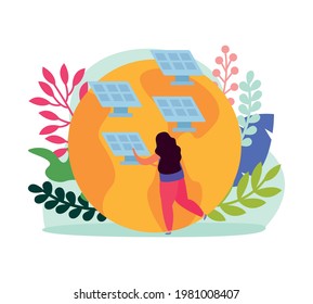 Flat ecology concept with image of globe solar panels and woman character vector illustration