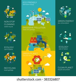 Flat ecology eco friendly pollution green energy planet infographics concept. Vector icon banners template set. Alternative energy excessive pollutive industry. Website illustration element collection