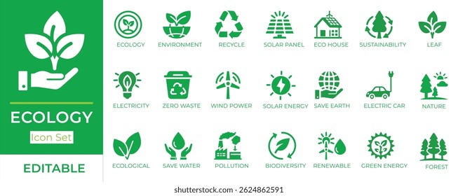 Flat ecology icon set. With symbols of environment, recycle, solar panel, eco house, renewable energy, biodiversity, pollution, electric car, forest, and sustainability.