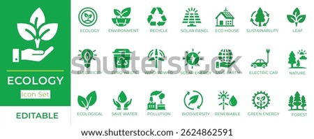 Flat ecology icon set. With symbols of environment, recycle, solar panel, eco house, renewable energy, biodiversity, pollution, electric car, forest, and sustainability.